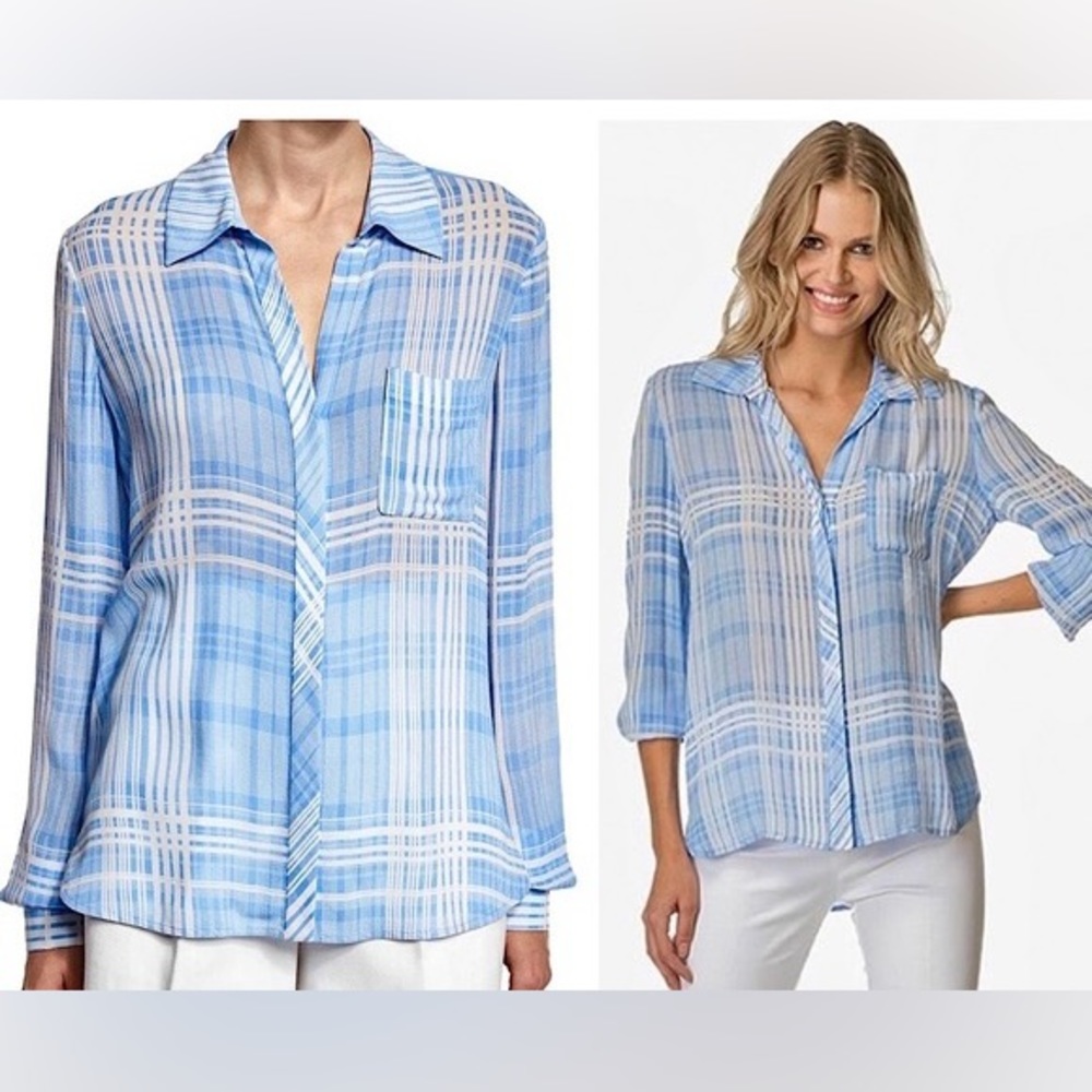 DVF Carter Blue & White Plaid Button Down Size 4